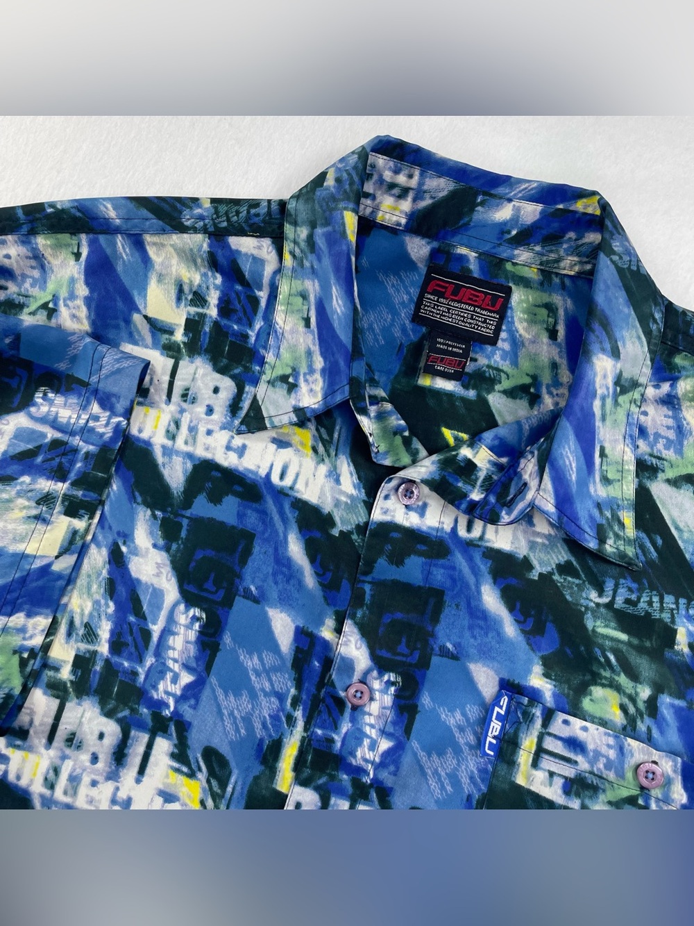 Vintage FUBU Shirt Mens 3XL Blue Spellout Graphic Print Button Up Hip Hop 90s